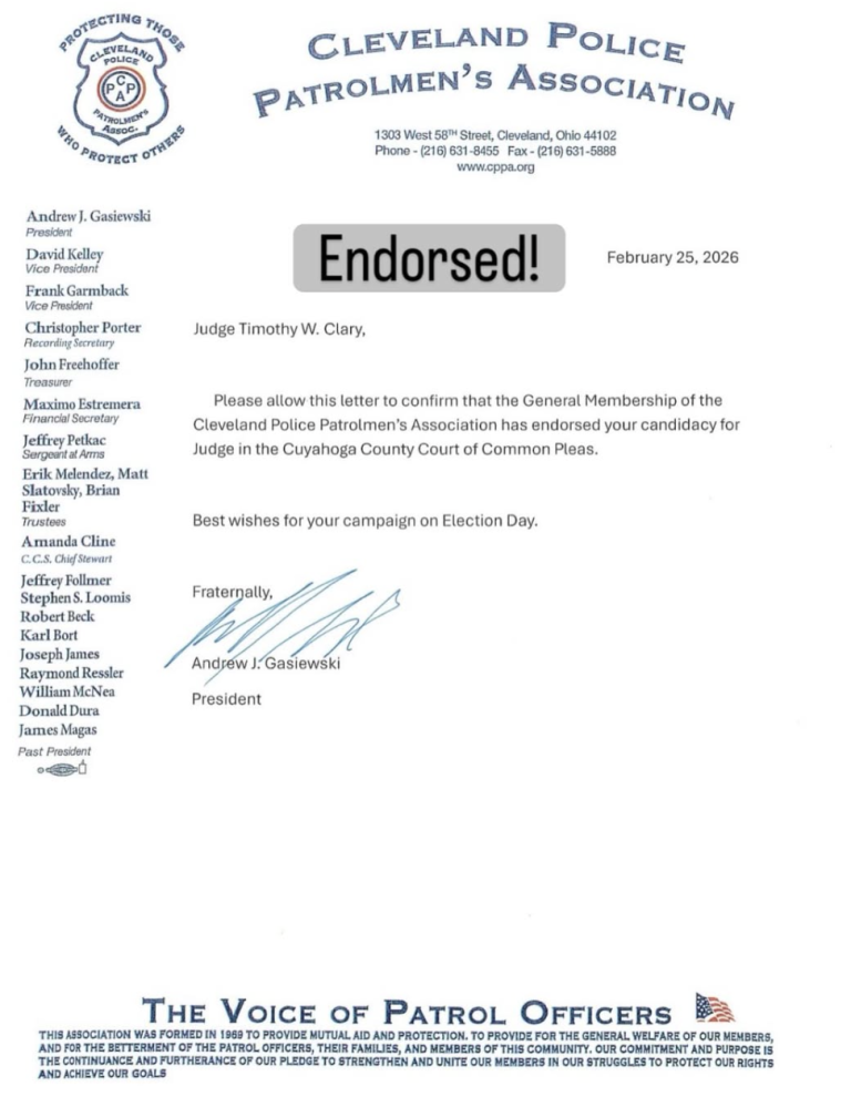 CPPA letter dated February 25, 2026 endorsing Judge Timothy W. Clary for Common Pleas Court