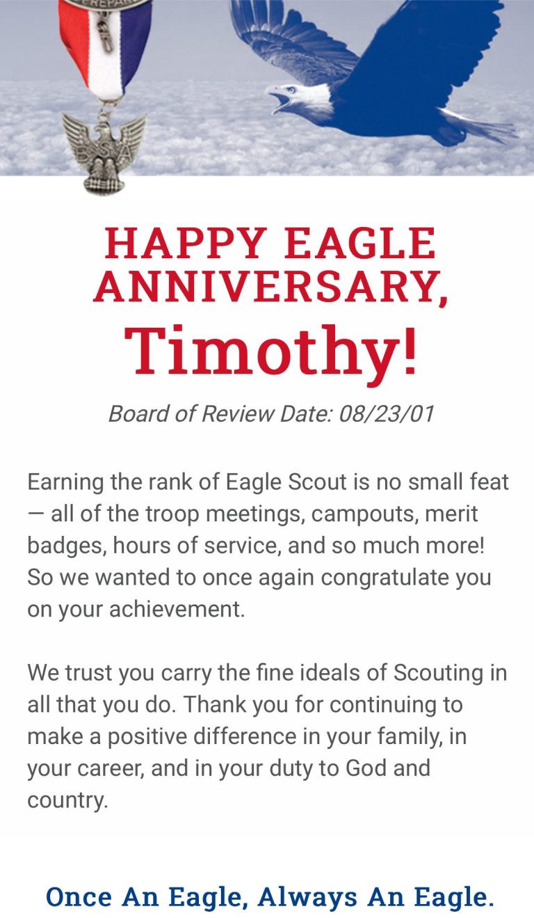 Eagle Scout recognition for Timothy Clary, with Board of Review date August 23, 2001